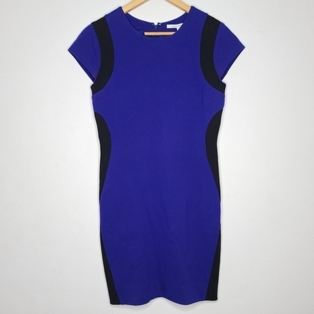 Diane Von Furstenberg Size 6‎ Blue Black Bodycon Short Sleeve Women's Midi Dress